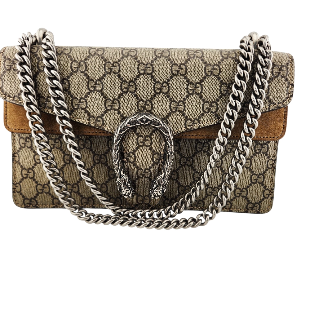 Gucci Beige and Brown Shoulder Bag with Silver Accents